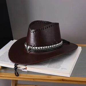Sombrero de caballero vaquero occidental de estilo Vintage Unisex, visera grande con estampado de cuero, sombrero de copa Jazz para ropa informal al aire libre para hombres - Product Image 3