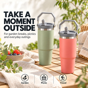 Vaso Térmico Portátil de Acero Inoxidable de 20oz/30oz con Asa, Tapa y Popote Abatible, Antiderrames, para Café y Viajes al Aire Libre - Product Image 6
