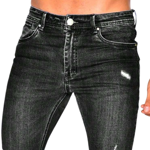 <b>Mens</b> Dark Charcoal Pencil Pants Jeans <b>Stretch</b> Denim Slim Fit Casual Light Distressed Washed Breathable Mid Waist Everyday - Product Image 3