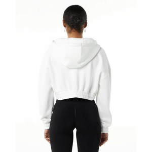 Sweat à capuche classique à fermeture éclair pour femmes, style à épaules tombantes noires avec 55% coton 45% Spandex, coupe courte surdimensionnée pour l'hiver - Product Image 4