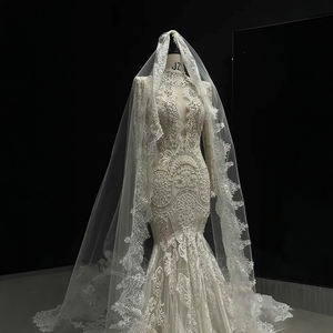 Robe de mariée sirène luxueuse et moderne NT84 à col montant, broderies florales en dentelle, appliques en cristal, coupe ajustée, traîne chapelle, pour soirée - Product Image 3