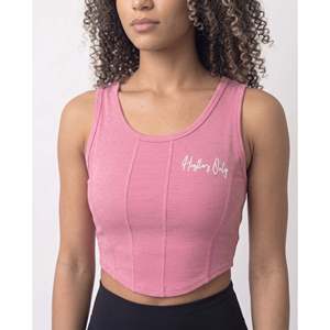 Débardeur court tricoté rose pour femme, col rond, couleur unie, décontracté, écologique, respirant, logo frontal, taille M, Fitness - Product Image 2
