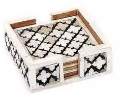 Sous-verres indiens en noyer incrusté d'os blanc et noir ensemble de plateaux en bambou avec support pour servir des boissons thé café d'Inde - Product Image 3