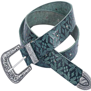 Cinturón occidental de cuero genuino turquesa adornado con un patrón en relieve y hebilla decorativa. Disponible a precios mayoristas. - Product Image 1