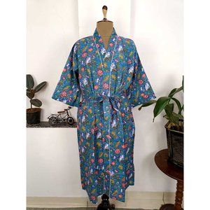 Robe Kimono Bohème en Pur Coton, Style Indien, Imprimé Floral de Luxe de Jaipur, Robe Indienne Bleue et Rouge pour la Plage - Product Image 1