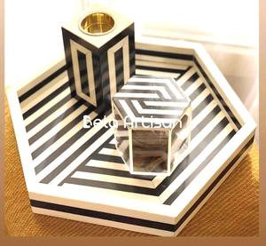 Plateau hexagonal décoratif en incrustation d'os jaune vif avec couvercle et support - Product Image 5