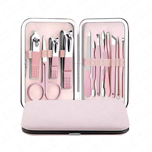 Professional Manicure Pedicure Kit Stainless Steel Nail Care Grooming Set with Pink <b>Leather</b> Travel Case - Product Image 3