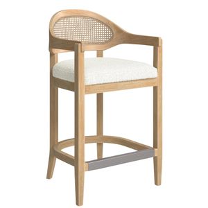 Chaise de bar contemporaine en bois massif avec dossier en rotin, accoudoirs et siège rembourré pour bar à domicile, restaurant, salle à manger, hôtel et projets commerciaux - Product Image 2