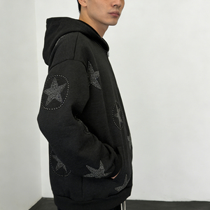 Vintage Men Customized Logo Oversized <b>Black</b> Hoodies Zip up Rhinestone Graphic Pocket <b>Fleece</b> Casual Streetwear Hoodies - Product Image 4