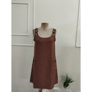 Robe en lin pour femme, sans manches, à bretelles épaisses, avec détail bouton et poche, 37216 - Café - Product Image 6