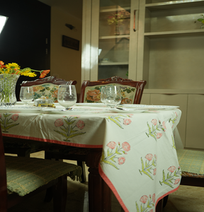 Modern Eco-Friendly White Cotton <b>Square</b> Tablecover Poppy Floral Design Block Printed Woven Customizable Waterproof <b>Tablecloth</b> - Product Image 4