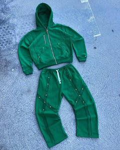 Custom Heavyweight Boxy Fit Zip up <b>Rhinestones</b> Track Suits Distressed GEM Stone Sweatsuits Screen Printing Hoodie Set - Product Image 6