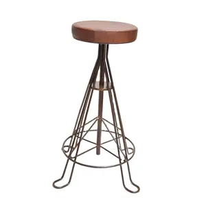 Industrial Vintage Style Leather Seat Bar Stool with Iron Metal Base Cafe Bar Counter Height Stool High Chair for Kitchen