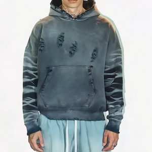 High Quality Vintage Acid <b>Wash</b> Distressed Hoodies for Men Custom Embroidered Logo Long Sleeve Streetwear Solid Pattern Design - Product Image 1