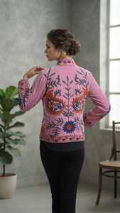 <b>Women</b> Pink Floral Embroidered Reversible <b>Velvet</b> Bomber <b>Jacket</b> Indian Ethnic Kantha Style Winter Wear Wholesale Clothing 100% - Product Image 6