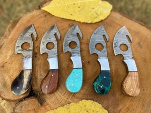 Damascus Steel Knife Blanks With Leather Cover Skinner Gut Hook Fixed Blade Ready To Fix Handle <b>Sharpened</b> Knife Hand Forged Lot - Product Image 3