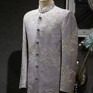 2024 púrpura claro seda cruda Sherwani bordado a juego pantalón cristal Beadssstone zapato de talla grande novio traje de boda para - Product Image 1