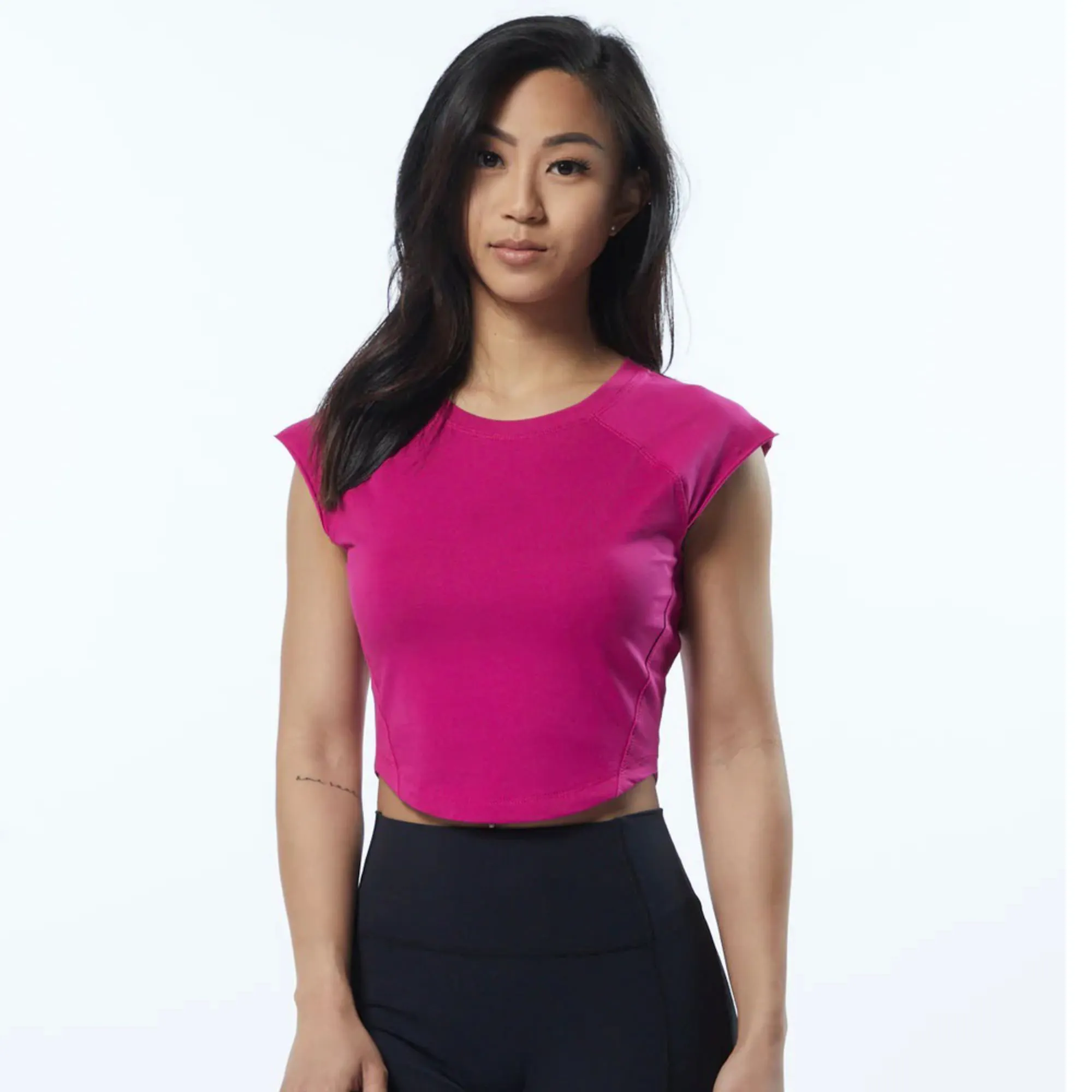 T-Shirt court en 95% coton et 5% élasthanne pour femmes, manches cape ajustées, en forme de Raglan, encolure ras du cou, Arcade rose
