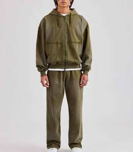 Ensemble de survêtement deux pièces tendance pour streetwear urbain : sweat à capuche en coton délavé à l'acide avec fermeture éclair et pantalon de survêtement large à pattes évasées - Product Image 5