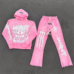 Conjunto de Sudadera con Capucha y Pantalones Acampanados de Chándal para Hombre, de Invierno, Color Liso, con Lavado Ácido y Efecto Desgastado 3D - Product Image 1