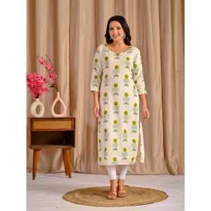 Vestidos Kurti Rectos de Algodón y Yute con Estampado Butta Blanco y Verde, Transpirables, con Elementos de Moda Sencillos - Product Image 6