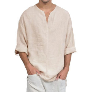 Cotton Linen V-neck <b>Long</b> <b>Sleeve</b> T-shirt for <b>Men</b> Casual Solid Color Lightweight Breathable Cozy <b>Tops</b> Male Fashion Tees - Product Image 6