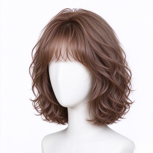 Milk Tea Brown <b>Short</b> Wavy Bob <b>Human</b> <b>Hair</b> <b>Wig</b> With Thin Air Bangs - Product Image 1