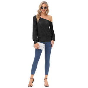 Camicette da <span class=keywords><strong>donna</strong></span> a maniche lunghe con spalle scoperte OEM <span class=keywords><strong>Top</strong></span> asimmetrico con <span class=keywords><strong>paillettes</strong></span> - Product Image 4