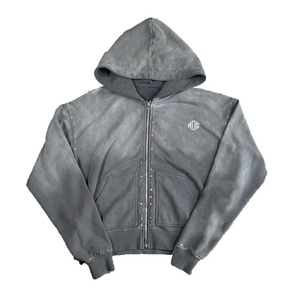 Unisex <b>Vintage</b> Rhinestone Hoodies | Gray Stone Wash Stones On <b>Zip</b> Oversized Streetwear Studded <b>Hoodie</b> for Men Women USA Style - Product Image 1