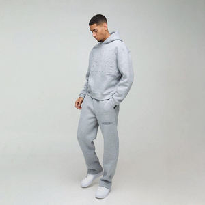 Survêtement unisexe surdimensionné gris chiné décontracté avec logo personnalisé OEM, imprimé et embossé, respirant, grande taille - Product Image 1