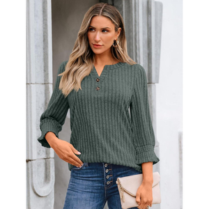 Pull léger 100% coton pour femmes avant longueur régulière manches régulières Henley col rond hauts automne chemise décontractée habillée - Product Image 4