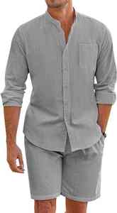 Men's Summer 2-Piece Casual <b>Beach</b> Set Polyester Button-Up <b>Shirt</b> <b>Long</b>-Sleeved Shorts Cardigan Breathable Set - Product Image 4
