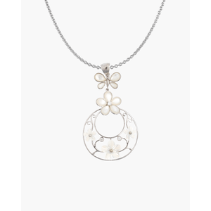 Collier pendentif papillon et fleurs en acier inoxydable plaqué rhodium avec diamant et perle - Product Image 2