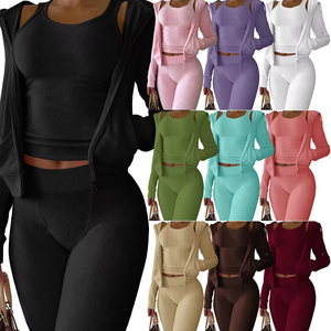 Dernier modèle de vêtements de jogging 3 pièces pour femmes Sweats à capuche coupe ajustée avec col montant Vente en gros de survêtements Motif solide - Product Image 2