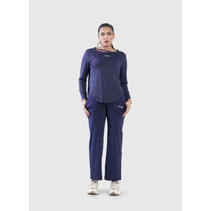 M FITNESS T-shirt à manches longues pour femme, bleu uni, décontracté, avec logo lettre sur le devant, séchage rapide, 95% polyester + 5% élasthanne - Product Image 3