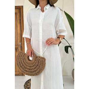 Robe midi unie en lin 100% blanc avec taille naturelle - Manches courtes respirantes - Product Image 5