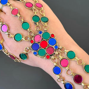 Vibrant Multi Color Afghan Kuchi Panja Hand Harness Featuring Pink Blue Green And <b>Red</b> Jewel Stones Ornate Tribal <b>Bracelet</b> - Product Image 4