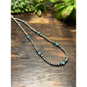 Navajo Strung Royston <b>Turquoise</b> & Sterling Silver Graduated <b>Beaded</b> Pearl Necklace - Product Image 4