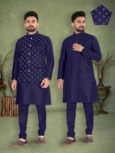 Traje Tradicional Indio de Fiesta, Seda Banglori Pesada con Interior, Kurta con Pajama y Chaqueta Koti para Hombre, Precio al por Mayor, Surat - Product Image 4