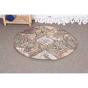 Vintage Turkish Wool <b>Rug</b> Beige <b>Blue</b> 3.3 X 3.4 ft <b>Large</b> Area Abstract Patchwork Pattern for Hallway Teen's Room Latex Backing - Product Image 1