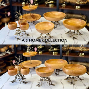 Juego de 4 cuencos de madera marrones hechos a mano al mejor precio, plato de servicio elegante con Base de Metal de aluminio decorativo para el hogar - Product Image 1