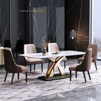 Table à manger contemporaine en marbre avec structure métallique et six chaises rembourrées - Ensemble de meubles pour salon et chambre à coucher pour appartement et maison