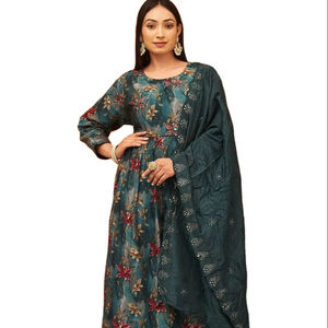 Un día festivo especial para mujeres o niñas usan cuello redondo bordado enorme estilo patrón hasta la rodilla Kurti & Bottom con Dupatta Set - Product Image 1