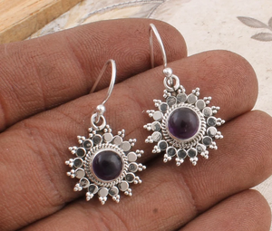 Handmade Boho 925 Sterling <b>Silver</b> <b>Drop</b> <b>Earrings</b> Amethyst Gemstone Cabochon Stone Vintage Style Wedding Party Gift Skin Friendly - Product Image 1