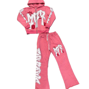 Ensemble de survêtement streetwear pour homme, personnalisé, effet délavé à l'acide, en coton écologique, avec broderie, comprenant un sweat à capuche et un pantalon de survêtement évasé doublé de soie - Product Image 5