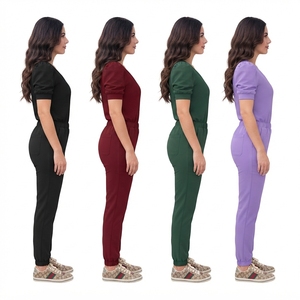 Women <b>Scrub</b> Sets V-Neck Puff Sleeve Knitted Cotton Polyester Hospital Uniforms Pants Jogger Style in Black Red Green <b>Purple</b> - Product Image 2