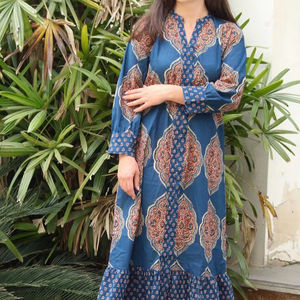 Robe mi-longue en coton pour femmes, imprimé en blocs, robe chemise indienne florale, tenue décontractée d'été - Product Image 1