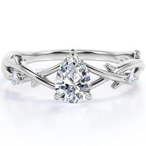 JeenMata Tree Branch Design Crossover Anillo de compromiso de moissanita de corte de pera de 1 quilate en chapado en oro blanco de 18 quilates sobre plata - Product Image 1