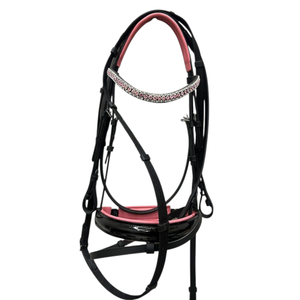 Brida de Cuero Negro de Lujo para Caballo, Acolchado Rosa, Diadema con Cristales, Muserola de Charol, Elegantes Accesorios Ingleses para Caballo ADIBA - Product Image 1