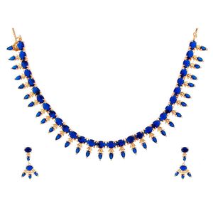 Ensemble de bijoux de mariage indien Bollywood plaqué or bleu cristal strass mariée collier ras du cou boucle d'oreille - Product Image 4